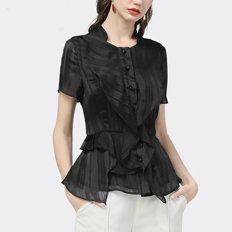 Luxury Bling Chiffon Striped Blouse Women Short Sleeve Square Neck New Summer Tops Ruffles Defined Waist Slim Button-Down Shirts