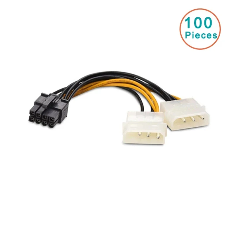 100pcs 6inch 2xMolex 4pin to 8Pin PCI Express Video Card Pci-e ATX PSU Power Converter Cable - Molex to Pcie 8pin (6+2) Adapter