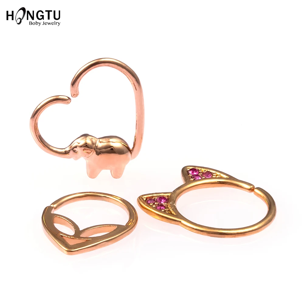 HONGTU Brass Minimalist Septum Rings hoop Aliens Cat Elephant Ear Daith Cartilage Tragus Septum Piercings body jewelry gifts 18G