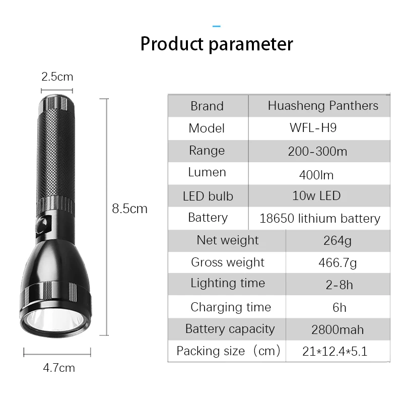 WASING H9 10W Aluminum Alloy Explosion-Proof Charging LED Flashlight