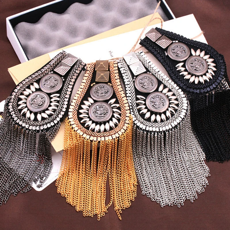 1 para Unisex Punk Fringe ramię pokładzie odznaka brokat Rhinestone łańcuszek z frędzlami epolet kobiety mężczyźni garnitur akcesoria