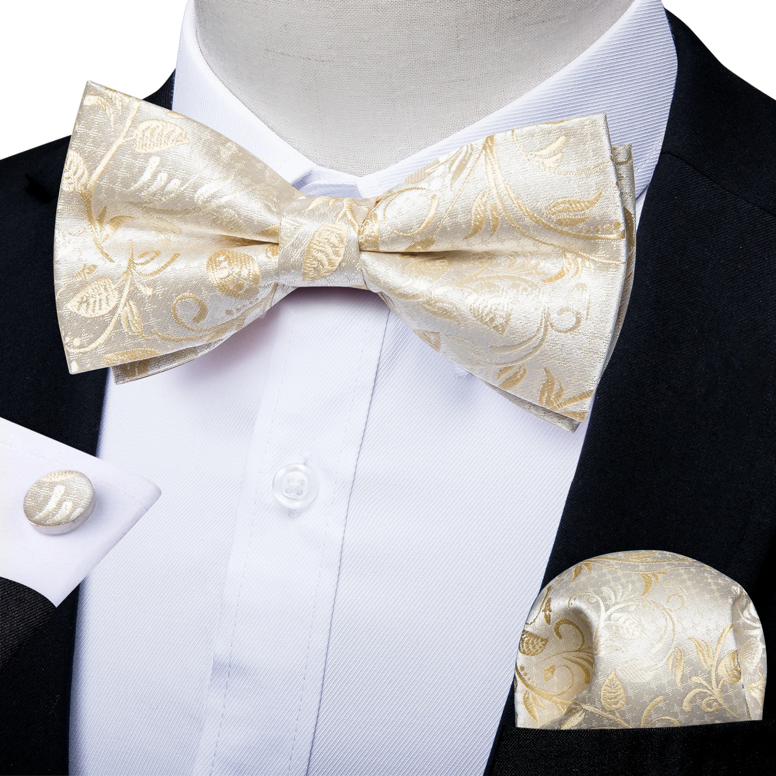 Herren-Fliege 3-teiliges Set Schwarz-Gold Blumenmuster Vorgebundene Fliege Manschettenknöpfe Einstecktuch-Set für Hochzeit Party Herren-Krawatte – Detail 1