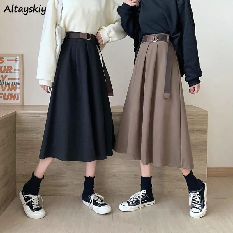 Solid Skirts Women Mid-calf High Waist Friends Korean Style Elegant College Spring Autumn All-match Jupe Mujer Faldas Female Ins