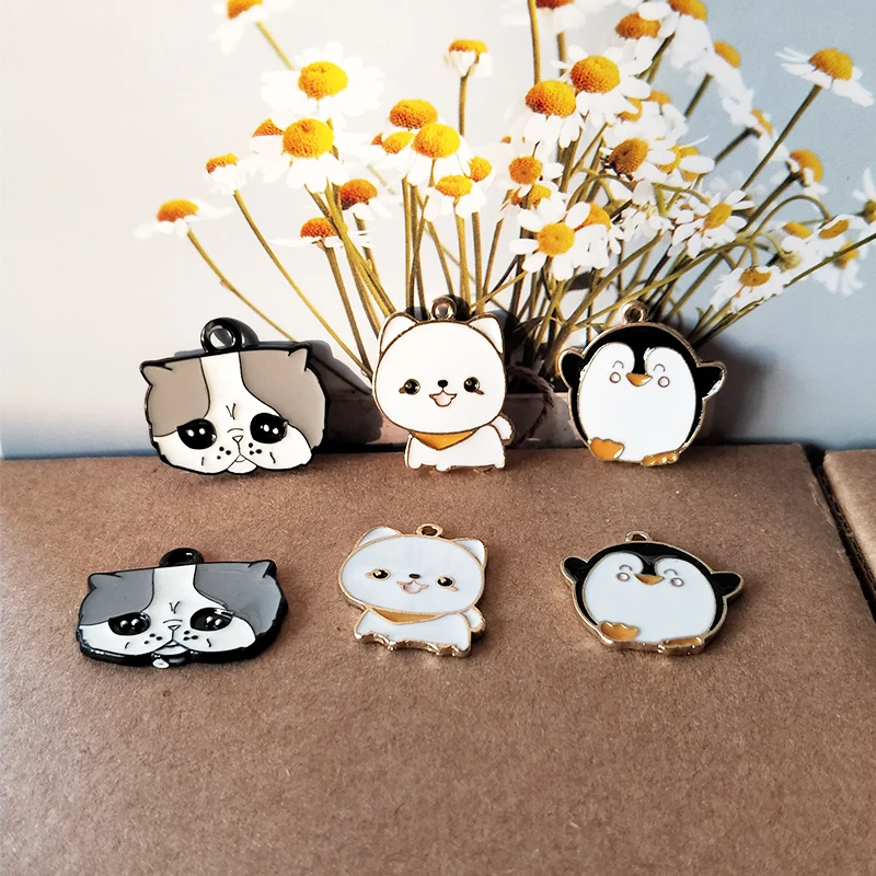 10pcs Cute Animals Enamel Charms Floating Gold Color Puppy Penguin Alloy Pendants Fit Earrings Bracelet DIY Jewelry Accessories