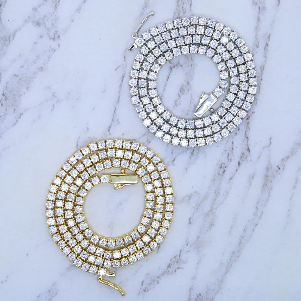 New Thin 3mm CZ 1 Row Shiny Tennis Chain Necklace Hip Hop Iced Out Bling Cubic Zircon Choker Jewelry Gold Color For Women Men