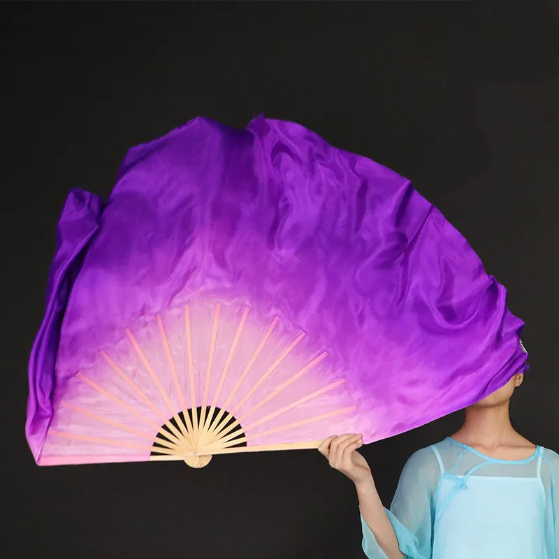 Chinese Classical Dance Hand Fan Large Yangko Dancing Silk Fan Lengthened Gradient Color Foldable Fans Performance Props