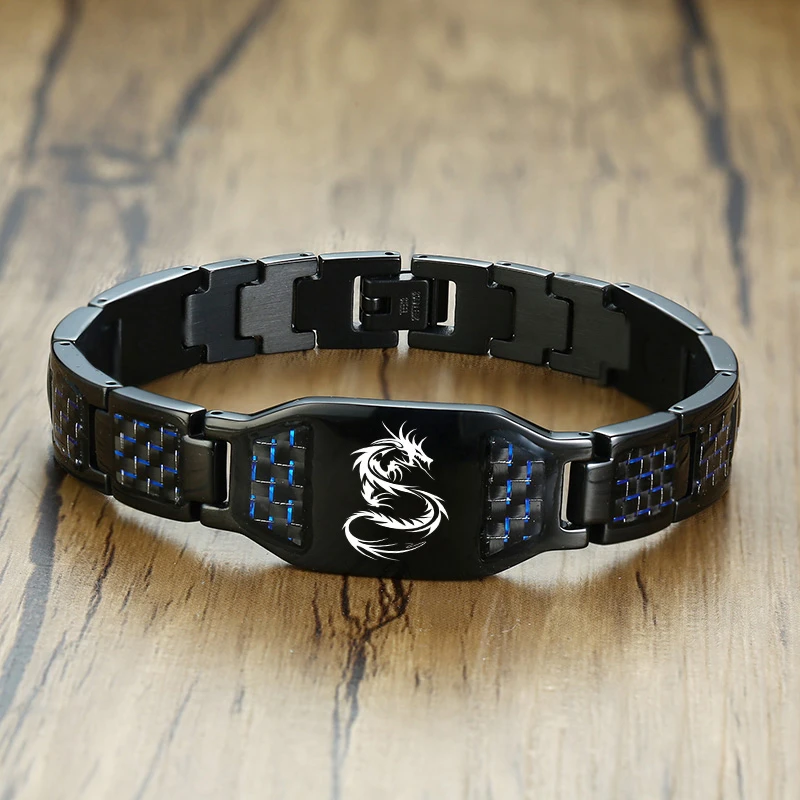 Engravable Dragon Scorpion Wolf Carbon Fiber Male Bracelets Personalize Men ID Bracelet Stainless Steel Jewelry