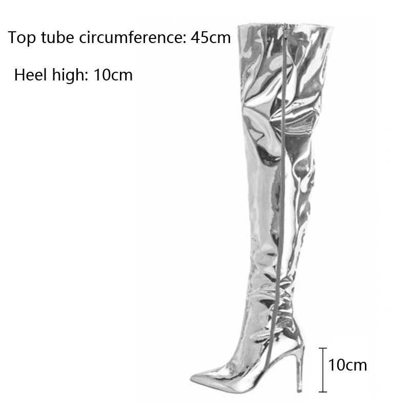 Women Boots Mirror Platform Pointy Toe  High Thin Heels Over The Knee Long Boots Autumn Winter Zip Silver Casual Party Shoes New