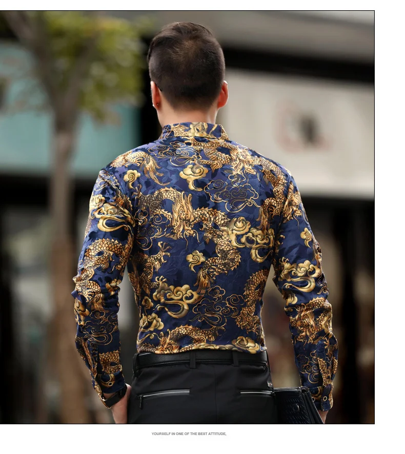 Winter Mens Thicken Warm Shirts Dragon Tattoo Design Long Sleeve Velvet Dress Shirt Black Blue Silk Business Casual Shirt