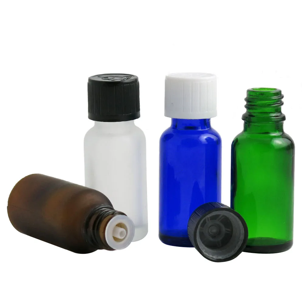 

10pcs20ml Essential Oil Bottle Frosted Green/Clear/Brown/Blue Glass Bottles With Plastic Cap Perfume Serum Cosmetic Bottles