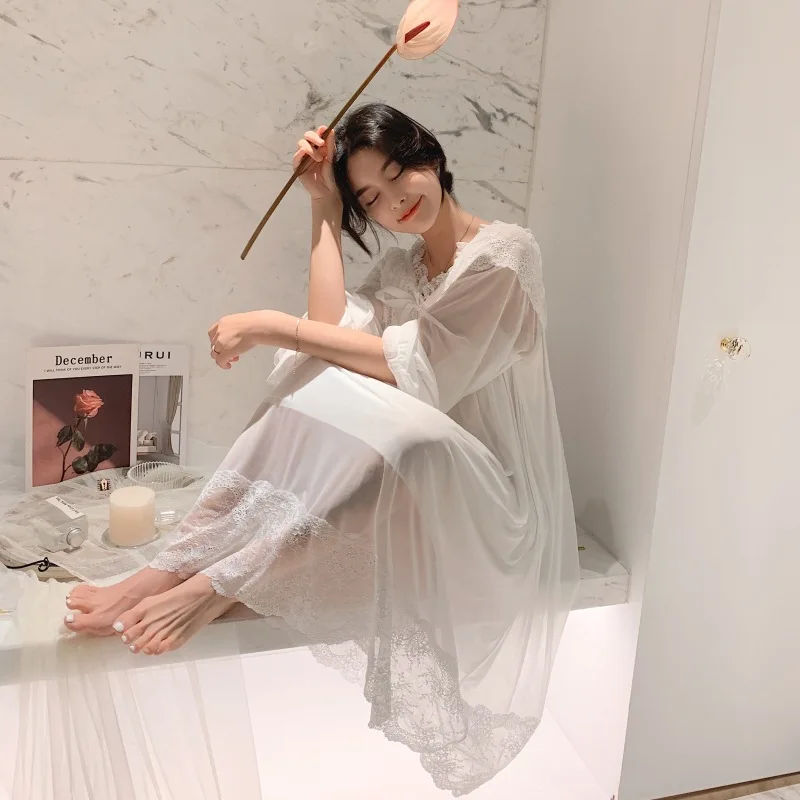 Sexy Nightgown Female Summer Long Sleeve Long White Lovely Fairy Lace Princess Net Yarn Retro Royal Sweet Lingerie Пижам