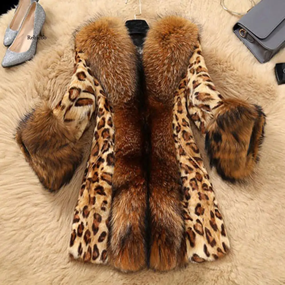 Winter Faux Fur Womens Leopard print coat  Raccoon Dog Fur Warm Women luxury coats Women loose long sleeve Elegant coat