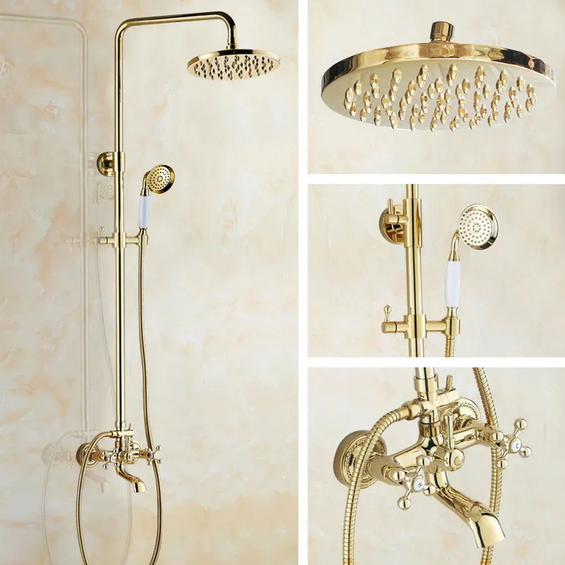 Luxury Gold Brass 2 Cross Handles Wall Mounted Bathroom Rain Shower Head Bath Tub Faucet Set Telephone Shape Hand Spray mgf352