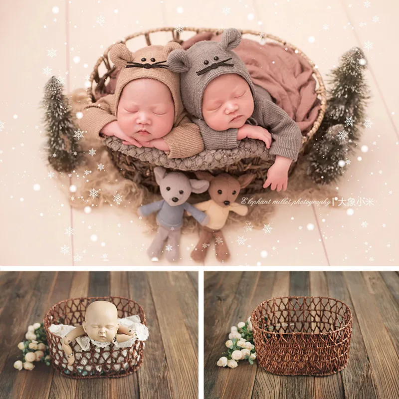 Newborn Photography Props Accessories Oval Hollow Straw Iron Basket Twins Girl Boy Baby Photo Shoot Bed Furniture Background Box