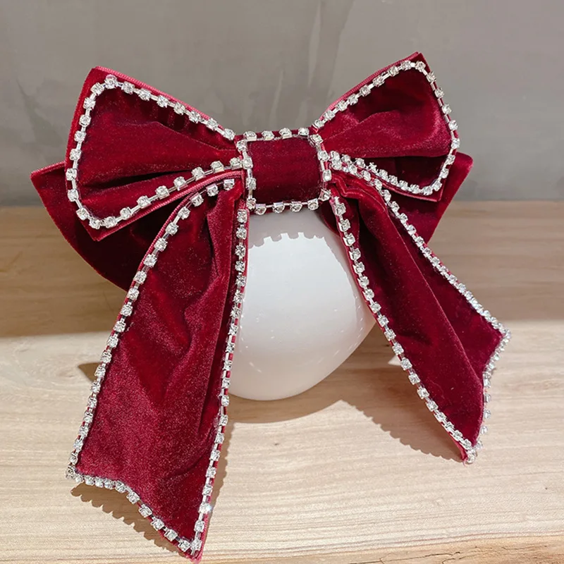 Oversize Diamond Velvet Bow Hairpin Girl Champagne Hair Accessories Large Boutique Colorful Silk Rhinestone Bow-knot Hair Bow