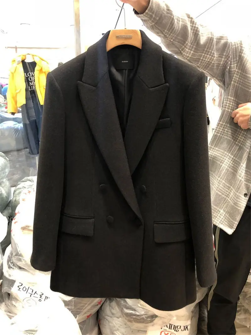 Veste blazer en laine à double boutonnage pour femme, manteau imbibé noir, tempérament gris, coréen, automne, hiver, nouveau, 2021, M1185