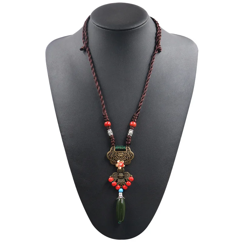 Ethnic Style Ceramic Longevity Lock Pendant Jewelry Flower Necklace Pendant Sweater Chain