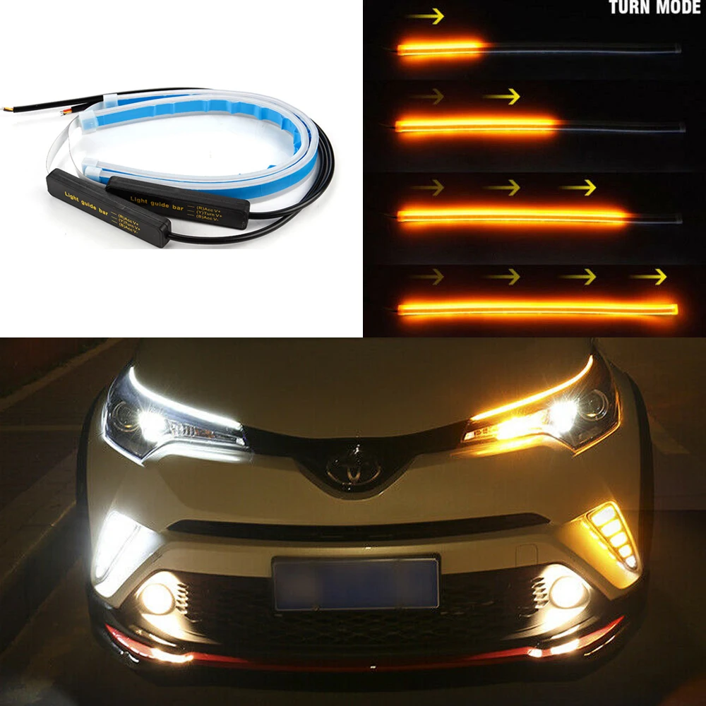 Luces De Circulación Diurna LED DRL ultrafinas para coche, señal de giro Hite, tira LED Flexible amarilla, guía LED para montaje de faros, 2 uds.