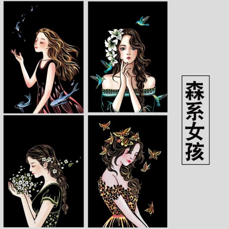 1 Set Beautiful Girl A4 Night Scene Scratch Painting City Night Scene Scratch Card Handmade DIY Stencils Painting Template