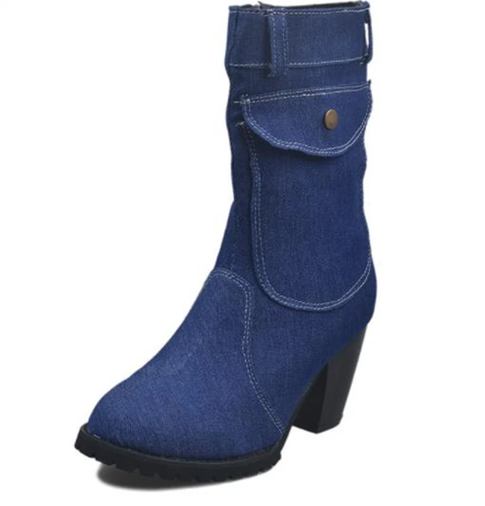 Spring autumn Denim boots for Women Mid-rise Solid color Large Size Shoes woman Slip-On Chunky Med Heels Mid-calf Boots 35-43