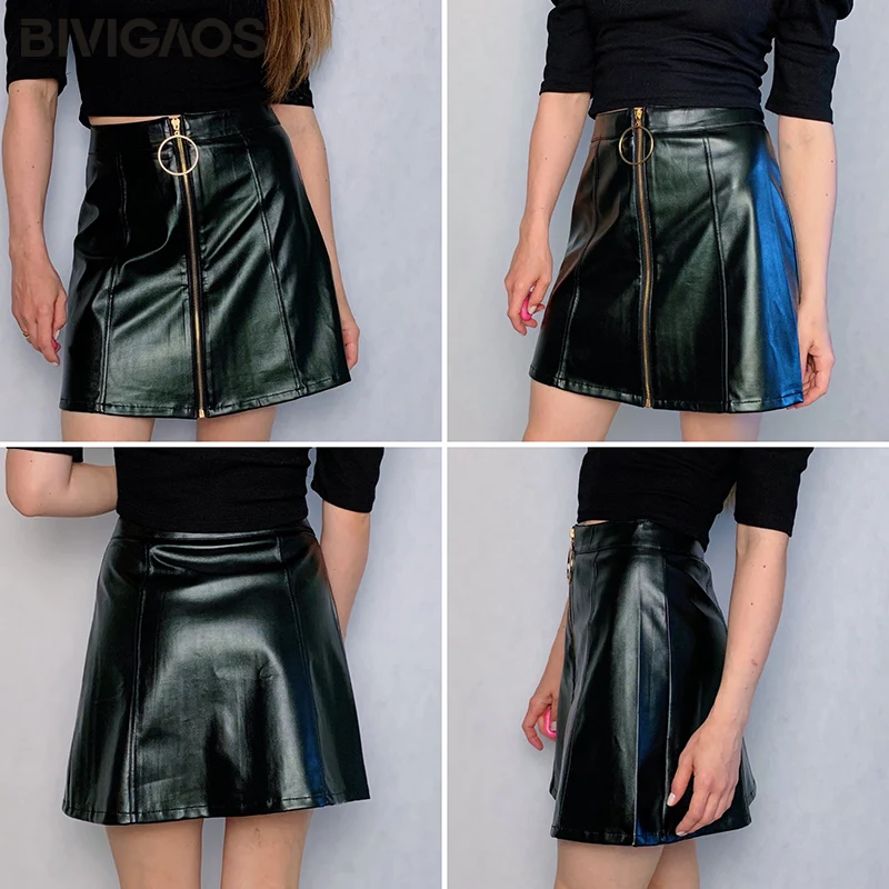 BIVIGAOS New Women\'s Large Ring Zipper PU Leather Skirt A-line Black High Waist Skirt Women Gothic Mini Skirt