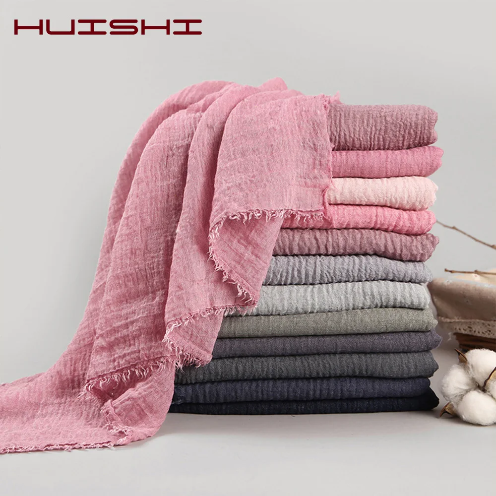 HUISHI Muslim Scarf Women Hijab Bubble Cotton Solid Islam Muslim Head Scarf 70*180cm Women Shawls and Wraps Crinkle Hijab