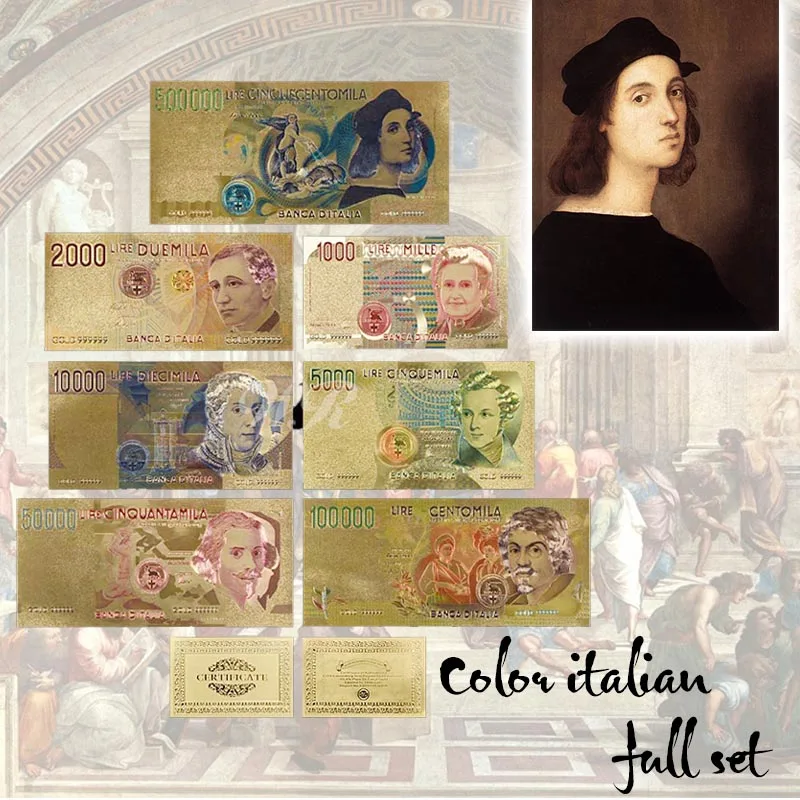 Nice Colorful Italy Lira Banknote Set 7pcs Full Set  Metal Gold Foil Banknote Italian Currency Souvenir For Decoration