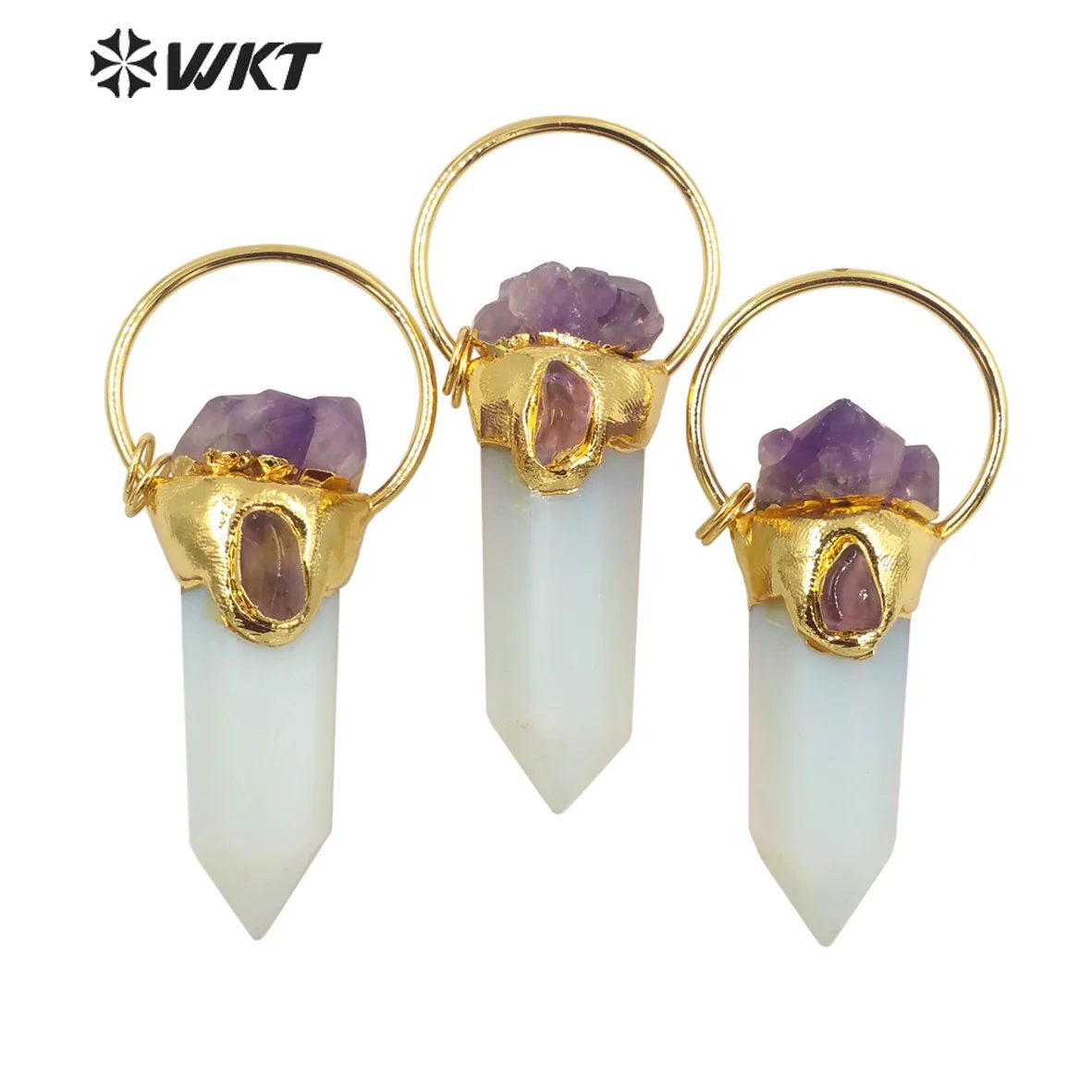 

WT-P1748 Wholesale Elegant Popular hexagona Gold Electroplated Opal Mix with Amethysts Energy Point Stone Pendant Jewelry