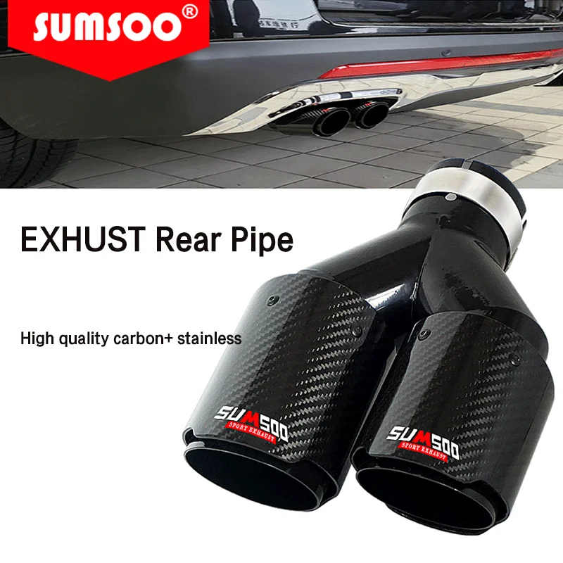 

Genuine SUMSOO 1PCS Dual Carbon Fiber + Stainless Steel Universal Auto Exhaust Tip Muffler Double end black pipe