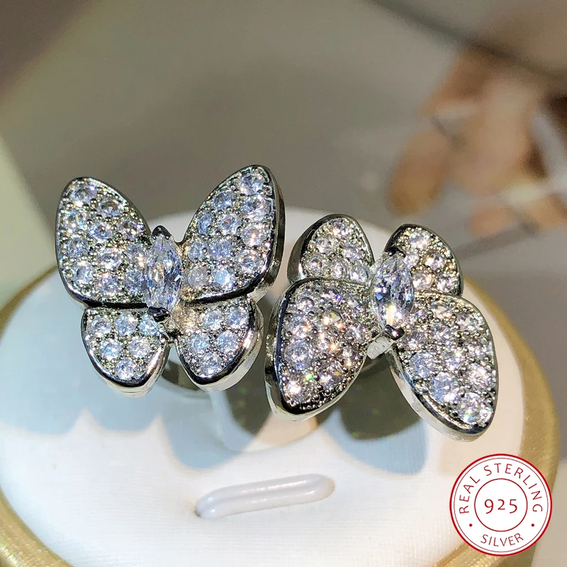 925 srebro luksusowe Vintage podwójny motyl pełny kryształowy pierścionek biżuteria dla kobiet Rhinestone słodkie dziewczyny pierścionek kobiece obrączki