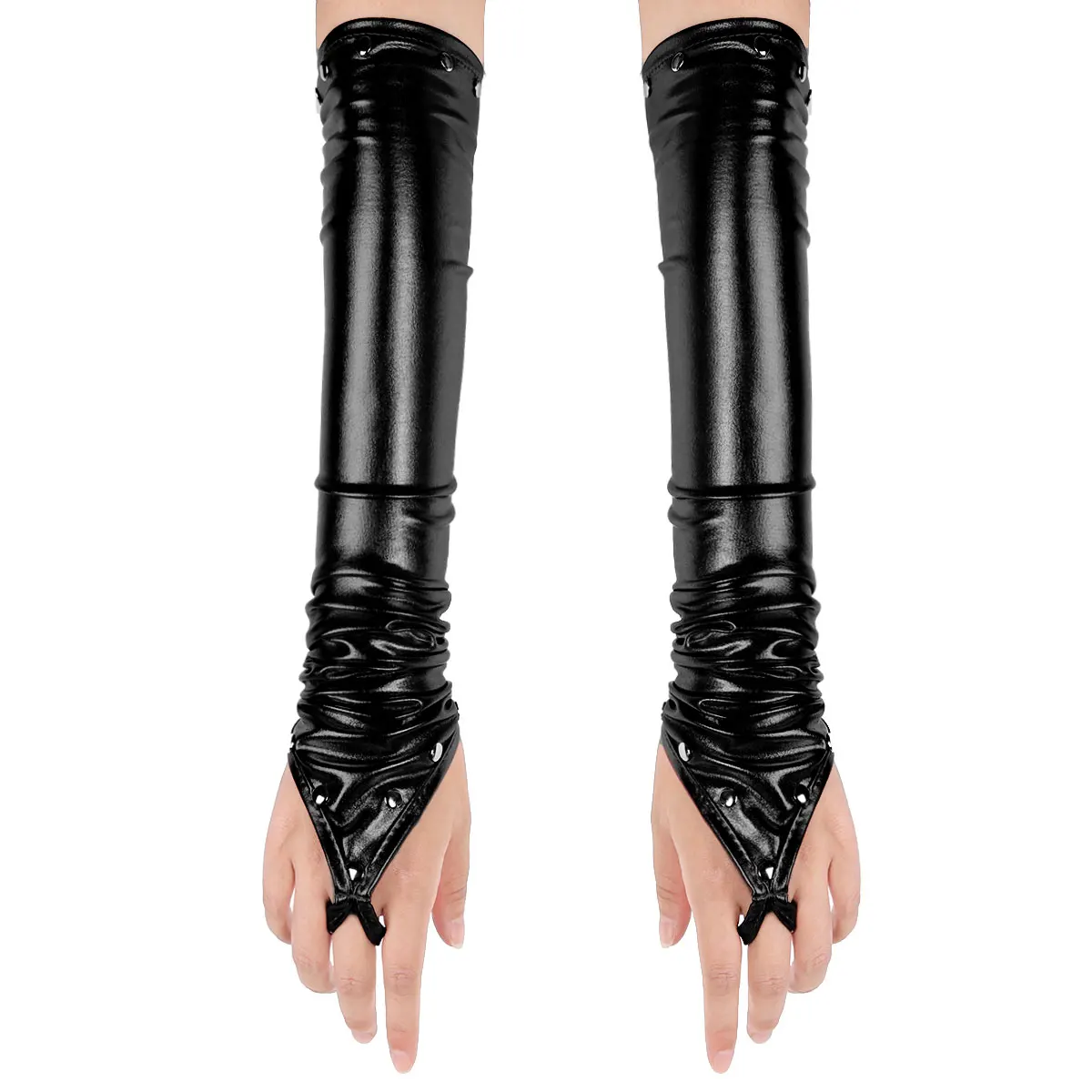 Women Ladies Wet Look Metallic Gloves Sexy Black / Red Fingerless Elbow Length Gloves Elastic Shiny Arm Warmers Long Gloves