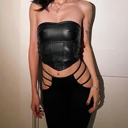 Sexy Leather Crop Top Women Tube Top Off Shoulder Strapless Tank Tops Backless Solid Color Crop Top Female Club Wear