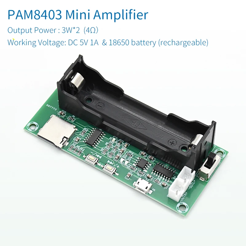 UNISIAN PAM8403 2,0 мини-плата усилителя мощности звука 2X3 Вт двухканальная поддержка входа сигнала TF-карты 18650 аккумулятор постоянного тока 5 В 1 А