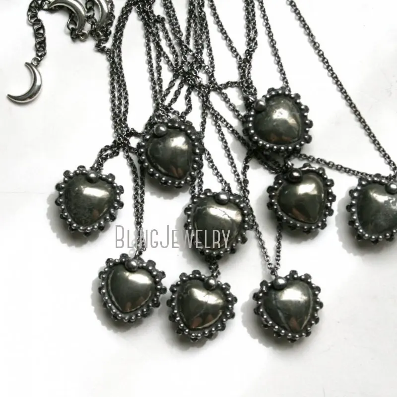 

10pcs Petite Pyrite Crystal Puffed Heart Stone Witch Boho Valentine Love Spell Talisman Jewelry Gothic Chain Necklace Grunge