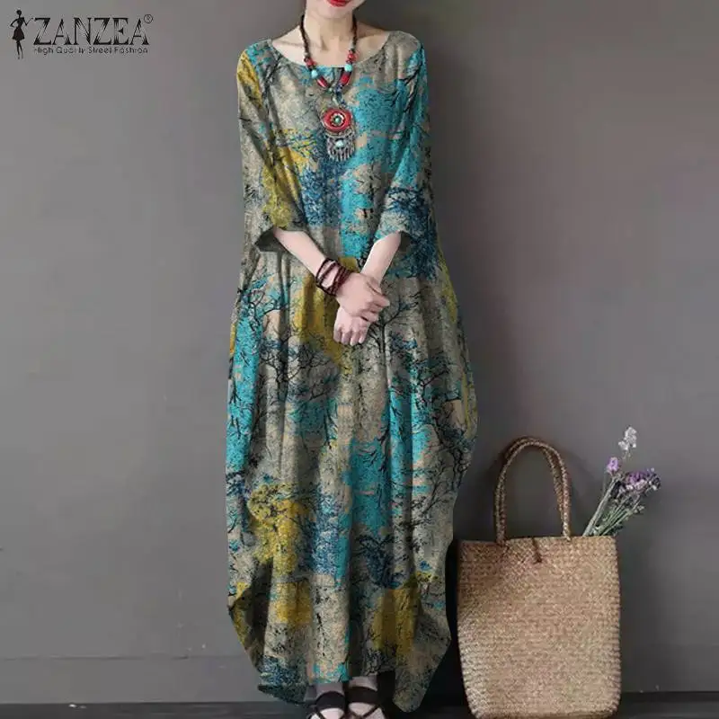 Vintage Women Sundress ZANZEA Casual Long Sleeve Printed Maxi Long Dress Kaftan Female Baggy Floral Vestidos  Dresses