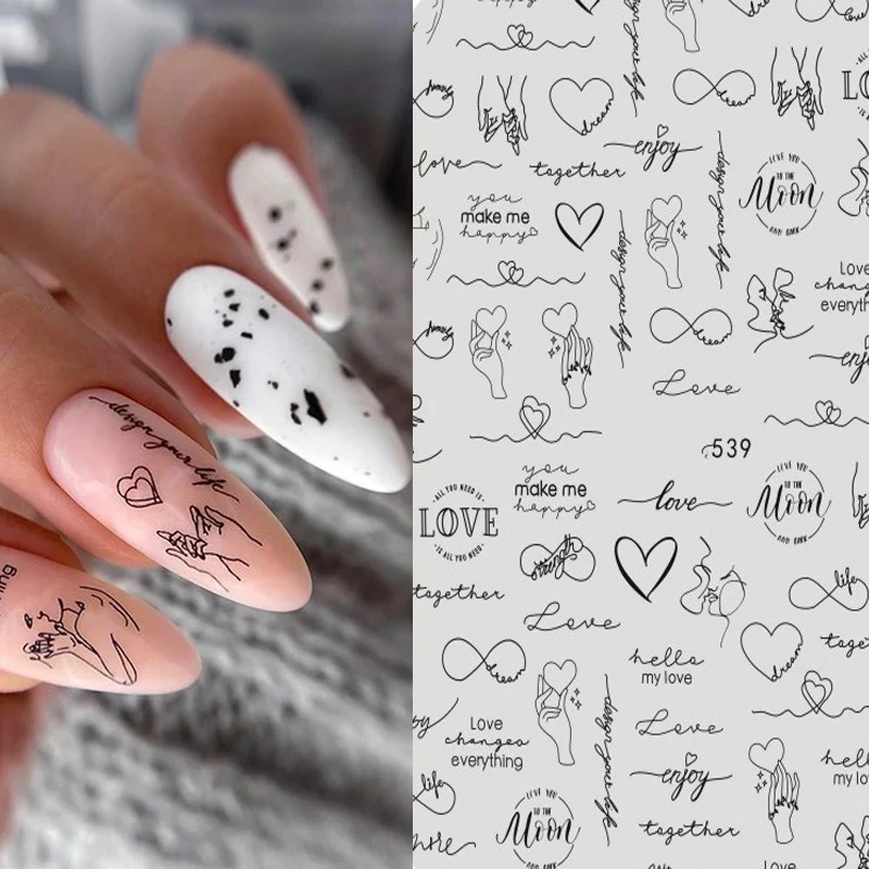 

2021 New 3D Nail Art Stickers Bohemia Black Love Heart Letter Image Nails Stickers for Nails Sticker Decorations Manicure Z0445