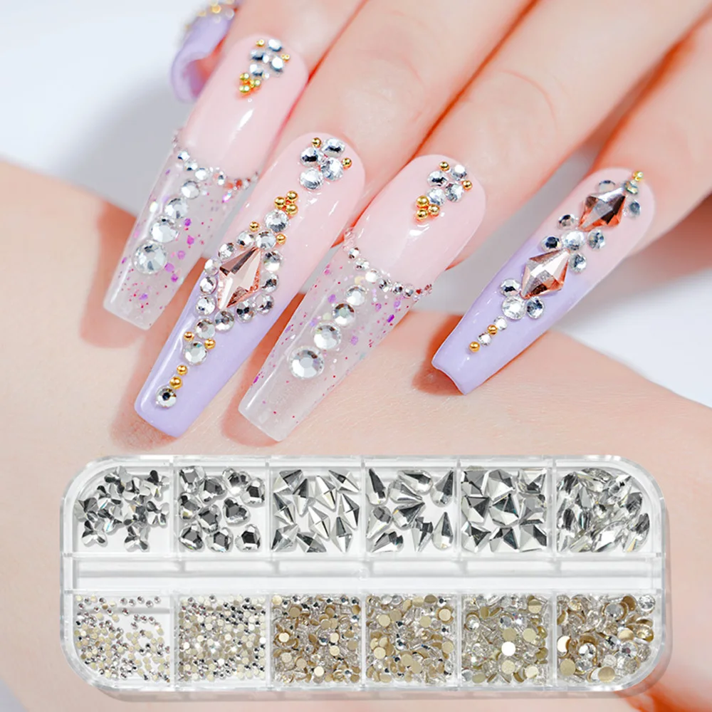 Strass multi-formes pour nail art, verre cristal 3D, diamant astronomique plat AB, 12 tailles mélangées, décoration de manucure, boîte de 12 grilles, # LK4