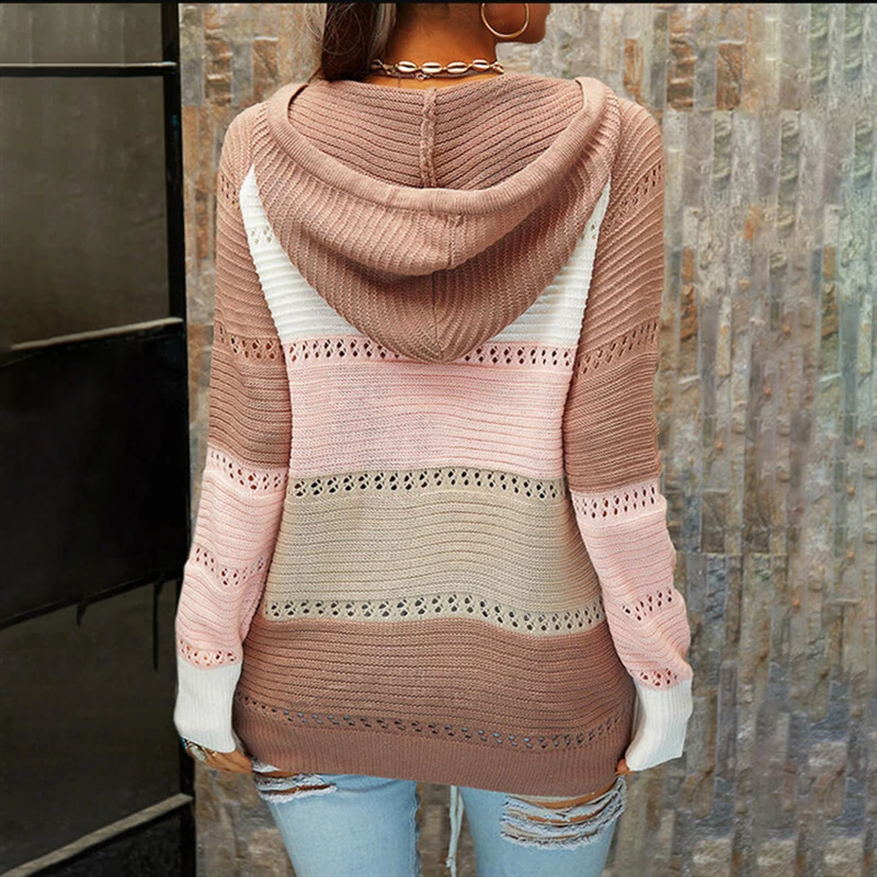 2021 New Female Hoodies Autumn Women Patchwork Hooded Sweater Long Sleeve V-neck Knitted Sweater Casual Striped Pullover Jumpers