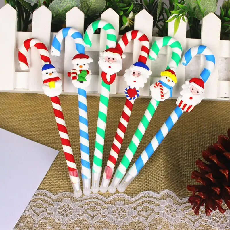 DIY Christmas Party Decoration Ornaments Kids Gift Student Study Supplies Cartoon Santa Snowman Ballpoint Pen with Canes FZ238