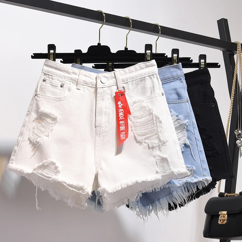 

High waist denim shorts female summer 2021 new Fashion Korean style loose Button Jeans women’s Leisure Hole Wide leg Hot Shorts