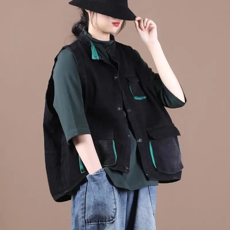 

Women Denim Vest Jacket Spring Summer Casual Waistcoat Tops Sleeveless Chaleco Mujer Single-Breasted Pocket Jeans Gilet Femme