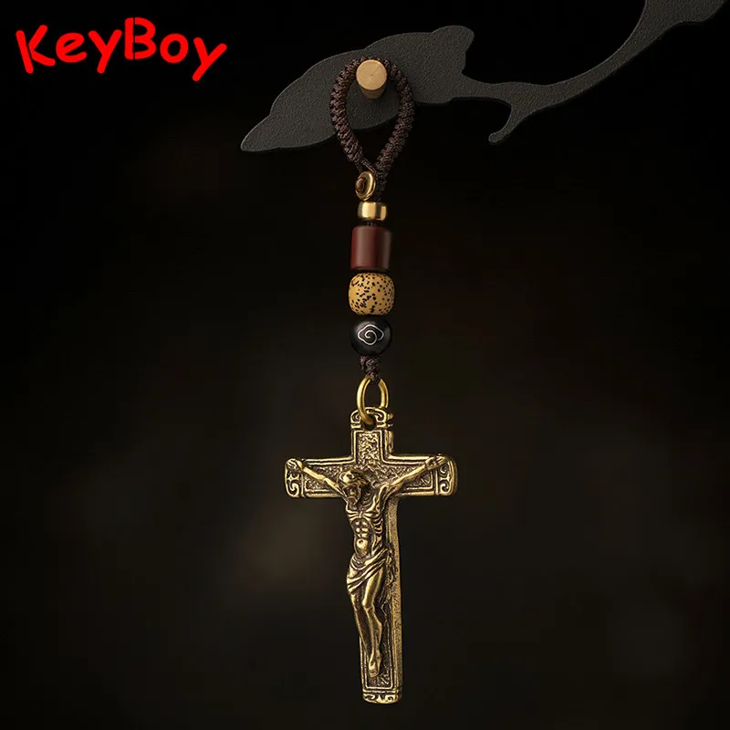 Saf Pirinç Çapraz İsa Araba Anahtarlık Kolye Erkekler Moda El Yapımı Örgülü Halat Kordon Motosiklet Anahtarlık Asma Takı Hediyeler