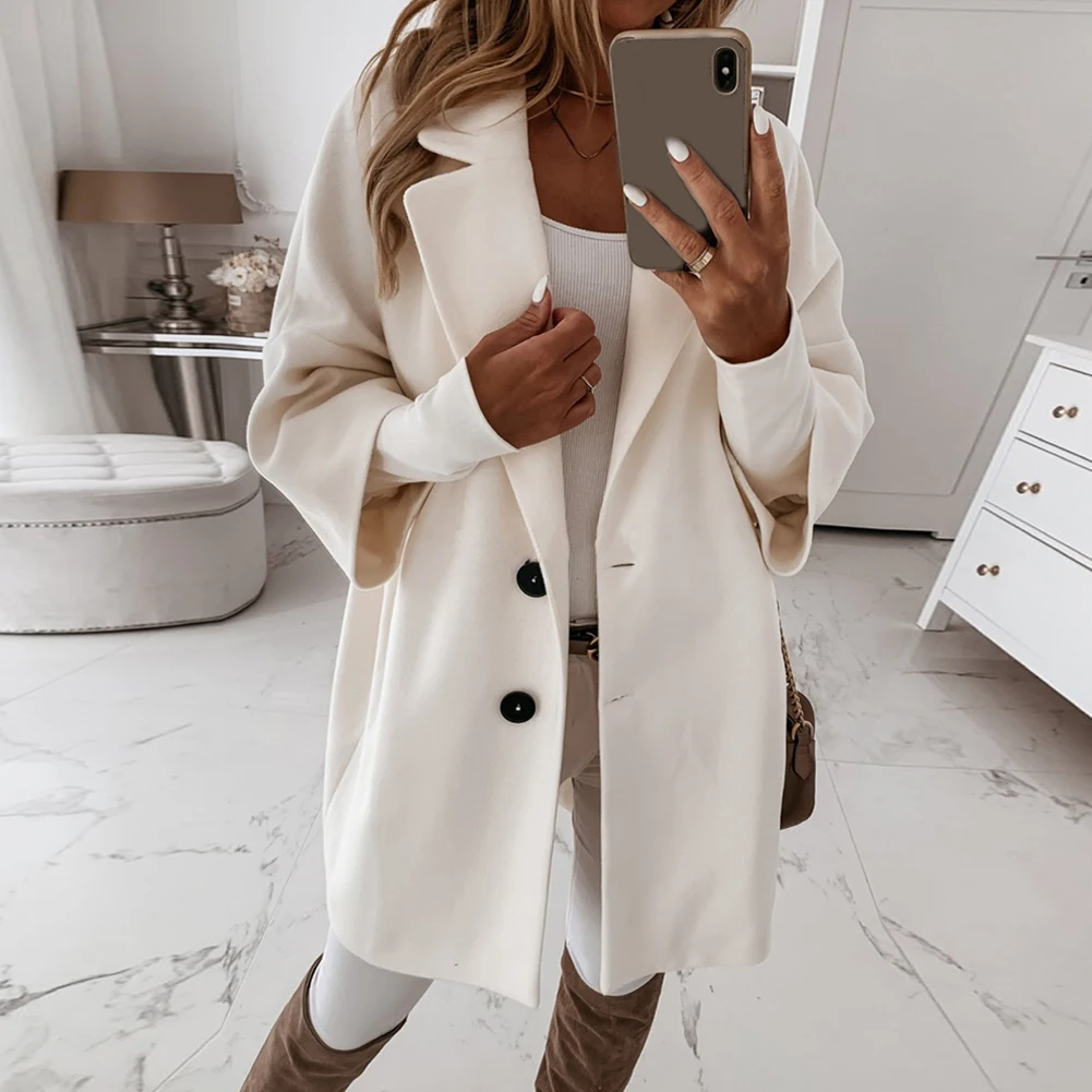 2020 Women Long Woolen Autumn Winter Coat Jacket Three Quarter Sleeve Loose Coat High Street Ofiice Ladies Long Jacket