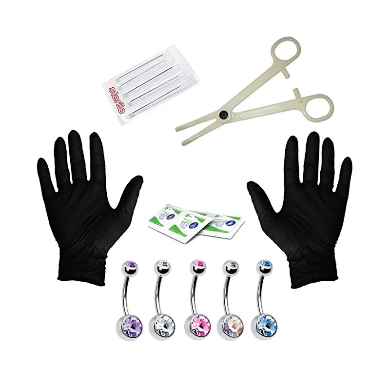 Belly Button Nose Septum Tool Kit Body Piercing Kit With Needle Pack Bar Ear Labret Eyebrow Piercing Needle Gloves Set