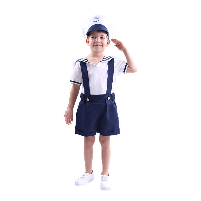 Nieuwe Leuke Kinderen Navy Sailor Uniformen Cosplay Kostuums Pak Jongens Meisjes Halloween Carnaval Party Prestaties Kostuums Met Cap