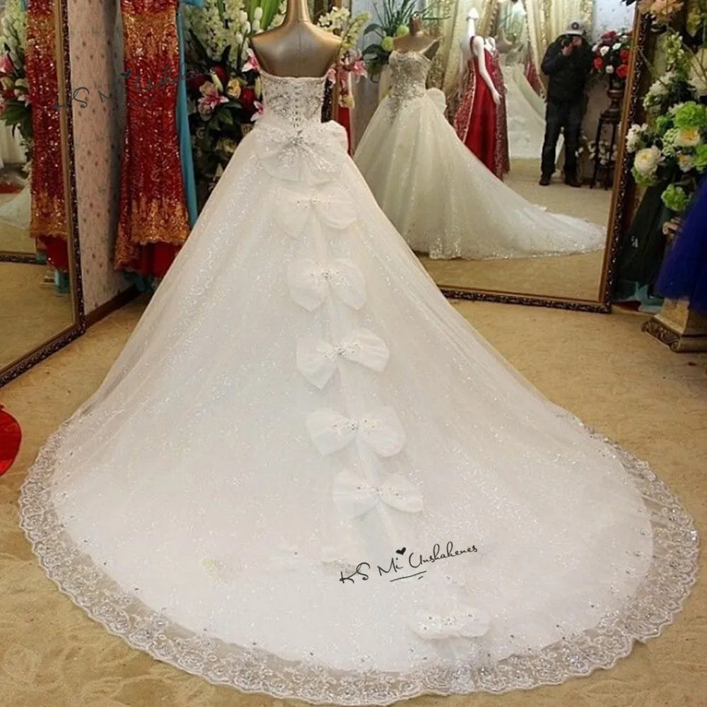 Arab Real Luxury Wedding Dress Crystals Robe de Mariage Long Train Bride Dresses 2020 Bow Bling Plus Size Trouwjurk