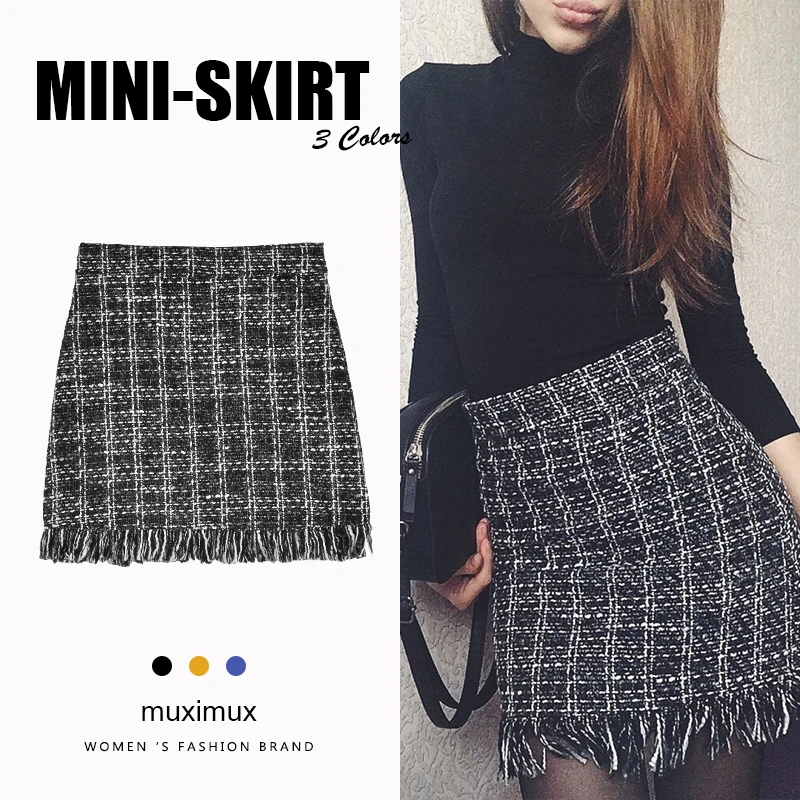 

2020 Winter Women Tassel Skirts Series High Waist Female Autumn Casual Vintage Plaid Mini Short A-Line Skirt For Women