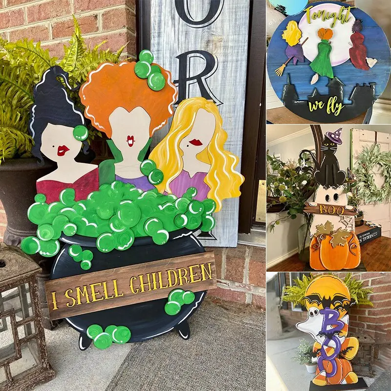 Porch Decoration Sign Personalized Halloween Witch Costume Simple Wooden Garden Hanging Plaque Autumn Listing Trick Or Treat