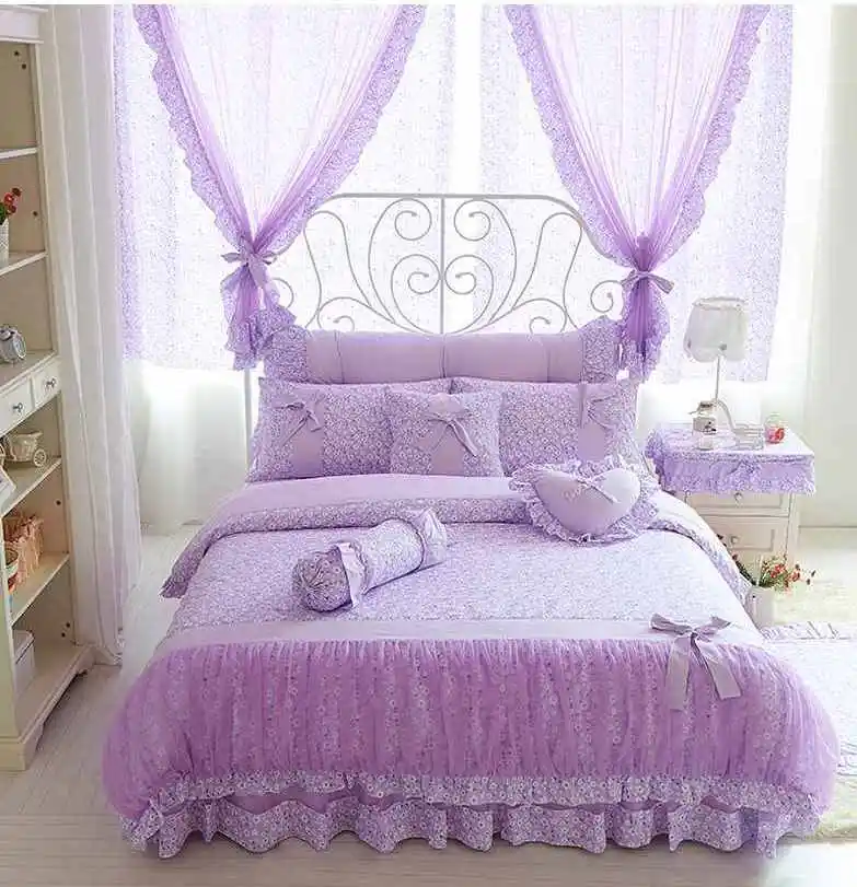 Daisy Print Bedding Set Korean Style 100% Cotton Purple Lace Girls Duvet Cover Bed Skirt Bedspread Pillowcases Queen King Size