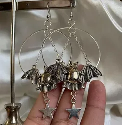 Halloween Moon , Star and Bat Dangle , Star and Bat Earring , Hoops Earrings